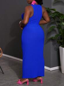 Slaydiva 2025 New Arrival Simple & Sexy Solid Color Cropped Tank Top & Fitted Maxi Skirt Matching Set, Casual All-Match Resort Wear Suitable For Spring/Summer, Size M - Blue - View 2