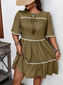 SHEIN LUNE Damen Neues Lässig Kleid mit Spitzen-Einsätzen, Quasten und Puffärmeln - Olivgrün - Übersicht 4