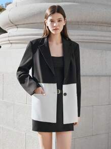 BizChic Blazer de costume en contraste noir et blanc, tenue de bureau élégante pour femmes, décontractée pour le printemps et l'été - Noir et Blanc - Voir 1