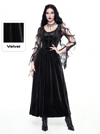 Goth New Year's/Valentine's Day Black Velvet Gothic Palace-Style Sexy Contrast Lace Trim Cross Embroidery High-Low Dress For Women