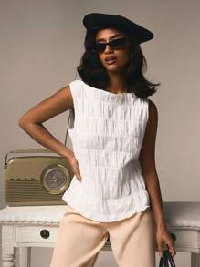 Athîral Women White Shirred Poplin Sleeveless Round Neck Pleated Loose Casual Tank Top - White - View 4