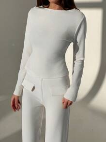 Aloruh Trang phục đi làm và công sở đơn giản: Áo thun ngắn tay dài + Quần dài cạp thường cho nữ - Màu be - Xem 7