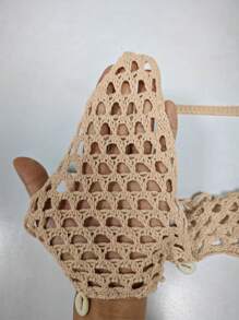 Hand Knitted Women Beach Cover Up Bikini Top Hollow Out Shell Design, For Summer Vacation - Apricot - View 6
