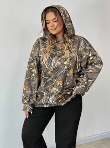 SHEIN CURVE+ 大码女式休闲复古全树枝和树叶印花连帽衫运动衫，适合秋冬季 - 彩色 - 查看 7