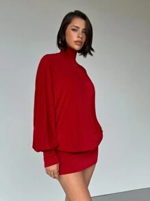 Aloruh 女士性感露背高领闪光面料超短长袖迷你连衣裙 - 紅色 - 查看 5