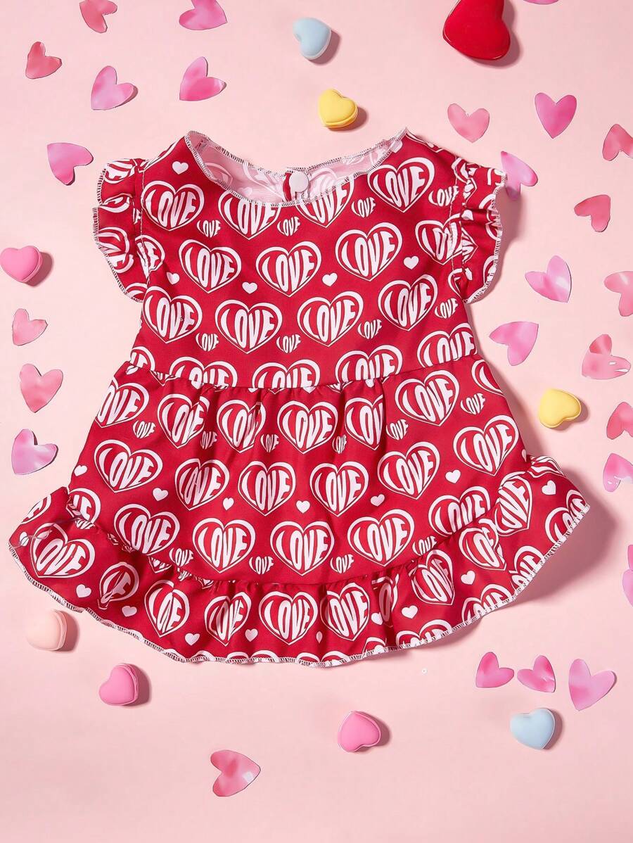PETSIN 1pc Pet Valentine's Day Red Heart & Love Pattern Print With Ruffle Trim Button Front Dress, For Gifts - Multicolor - View 1