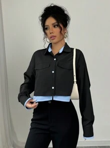Selianne 新款女士撞色设计长袖编织衬衫，仿面料，前开口袋细节，短款下摆，时尚商务休闲宽松舒适衬衫，适合日常穿着，秋冬季 - 黑色 - 查看 5