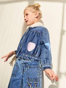 Maija Kids Maija Kids Young Girls Blue Star & Moon Print Plush Collar Patchwork Casual Denim Jackets & Coats, Warm For Autumn & Winter - Blue - View 3