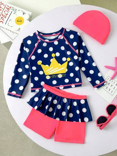 SHEIN Young Girl Polka Dot & Letter Print Round Neck Long Sleeve Top And Skirt Shorts Swimwear Set