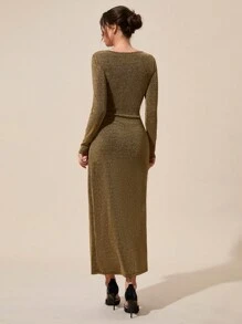 RueChic Glamorous Shinny Gold Lurex Cowl Neck Long-Sleeve Maxi Dress