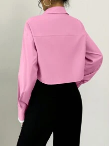 SHEIN Unity 新款女式梭织长袖撞色设计仿面料撞色小细节开前口袋带袖开叉短衬衫，时尚通勤商务办公衬衫，休闲宽松舒适秋冬优雅都市 - 粉色 - 查看 2