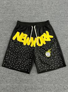 Manfinity Streetrush Shorts casuales rectos con estampado de letras versátil y de moda para hombre, estilo de ropa urbana estadounidense, shorts con gráficos para hombres, ropa de hombre, shorts para hombre