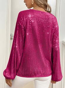 SHEIN Clasi Women's Party Elegant Sequin Lantern Sleeve Crew Neck Long Sleeve Blouse, Autumn & Winter For Holiday Party Clothes