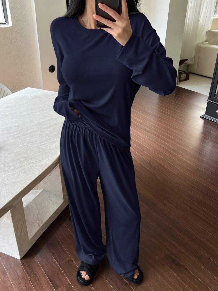 Simple Loose Fit Solid Color Long Sleeve Top And Pants Lounge Set, Fall Winter Clothes, Cozy Outfit