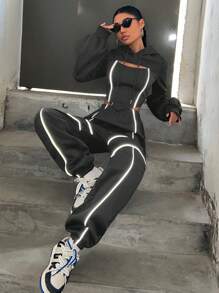 Coolane 2pcs/Set Women Hoodie Top & Pants Set, Solid Color