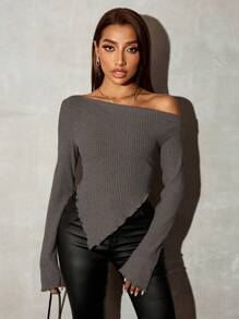 SHEIN SXY Grunge Asymmetrical Neck Rib-Knit Tee,Fall Women Going Out Tops - Dark Grey - View 4