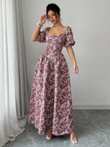 Modelyn Váy chữ A tay xẻ eo dệt jacquard thanh lịch cho nữ - Hồng - Xem 6