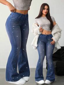 SHEIN ICON 女士蓝色牛仔裤 高弹力牛仔修身喇叭裤 闪亮 Y2k 服装 低腰牛仔裤 - 中等水洗藍 - 查看 1