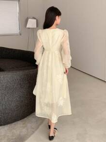 DAZY Vestido de manga abullonada con cuello en V y encaje de contraste, vestido de otoño para mujer