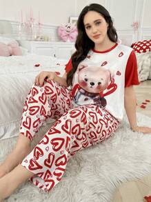 Plus Size Cartoon Bear Print Two-Tone Short Sleeve Top And Heart Print Long Pants Red Pajama Set - Red and White - View 6