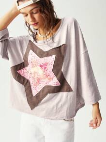 Bohemela 女士休闲纯色针织圆领半袖超大 T 恤，带刺绣五角星图案