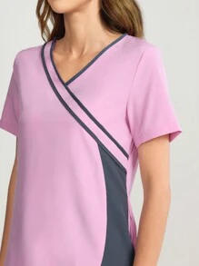 TaskEZ Contrast Color Block Short Sleeve And Long Pants /Nursing Scrub Uniform Set Scrub Set Nurse Dresses Scrub Tops Scrub Bottoms Lab Coats - Pink - View 6