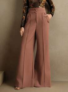 Anewsta Elegant High-Waisted Flared Women's Dress Pants With Double-Breasted, Suitable For New Year's Outfit
