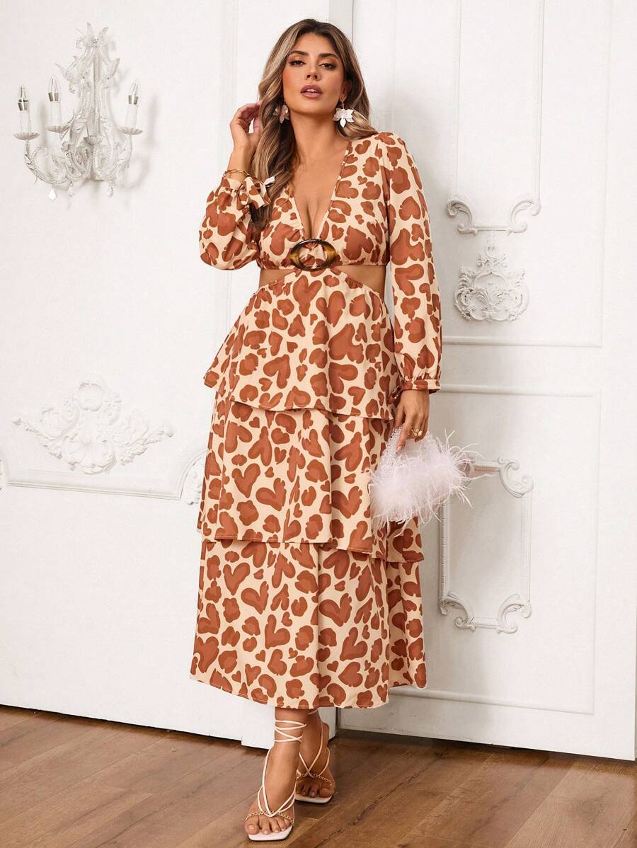 SHEIN VCAY Vestido con top acampanado de manga larga con escote en V con estampado de corazones de animales y estampado de leopardo, falda de volantes, adecuado para vacaciones, playa, fiesta, San Valentín, Año Nuevo, citas románticas, estilo bohemio occidental, talla grande - Multicolor - Ver 1