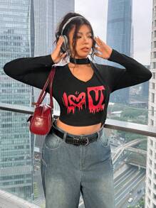 SHEIN EZwear تي شيرت كاجوال بطبعة شريط كبير الحجم، مناسب للربيع وعيد الحب - الأسود - مشاهدة 7