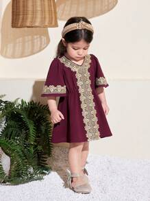 SHEIN Babygirl Lovely Solid Color Luxurious Gold Lace Trim Dress - Burgundy - View 1