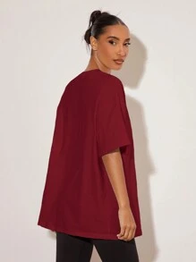 SHEIN BASICS 女士纯色休闲简约时尚 T 恤适合日常穿着 - 酒紅色 - 查看 2