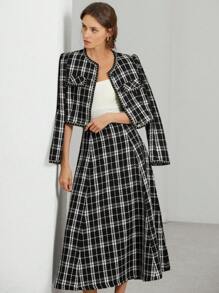 Aveloria Modichic Women's Front Button Long Sleeve Pocket Plaid Casual Blouse And Skirt 2 Pieces Set