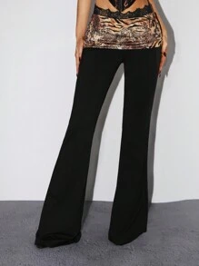 SHEIN ICON 女式豹纹蕾丝花边腰带修身休闲喇叭裤 - 黑色 - 查看 1
