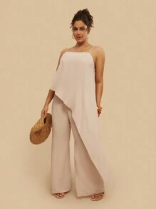 Travachic Plus Size Casual Vacation Solid Color Camisole With Asymmetric Hem Top And Wide Leg Pants Set - Apricot - View 1