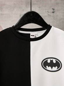 BATMAN X SHEIN 85th Conjunto de sudadera y pantalón de chándal holgados con estampado de letras de punto para niño preadolescente en contraste negro y blanco, para otoño/invierno