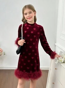 Tween Girl Elegant Burgundy Autumn Wedding Guest Dress,Black Velvet Heart Embossed High Neck Fitted Dress With Feather Trim Cuffs And Hem,Parties - Black - View 1