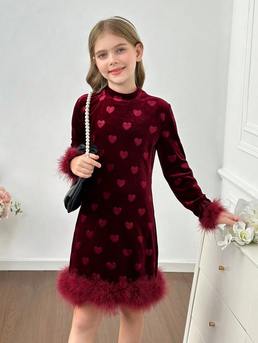 Tween Girl Elegant Burgundy Autumn Wedding Guest Dress,Black Velvet Heart Embossed High Neck Fitted Dress With Feather Trim Cuffs And Hem,Parties - Black - View 1