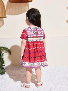 SHEIN Baby Girl Cute Geometric Print Short Sleeve Dress, Summer - Multicolor - View 2