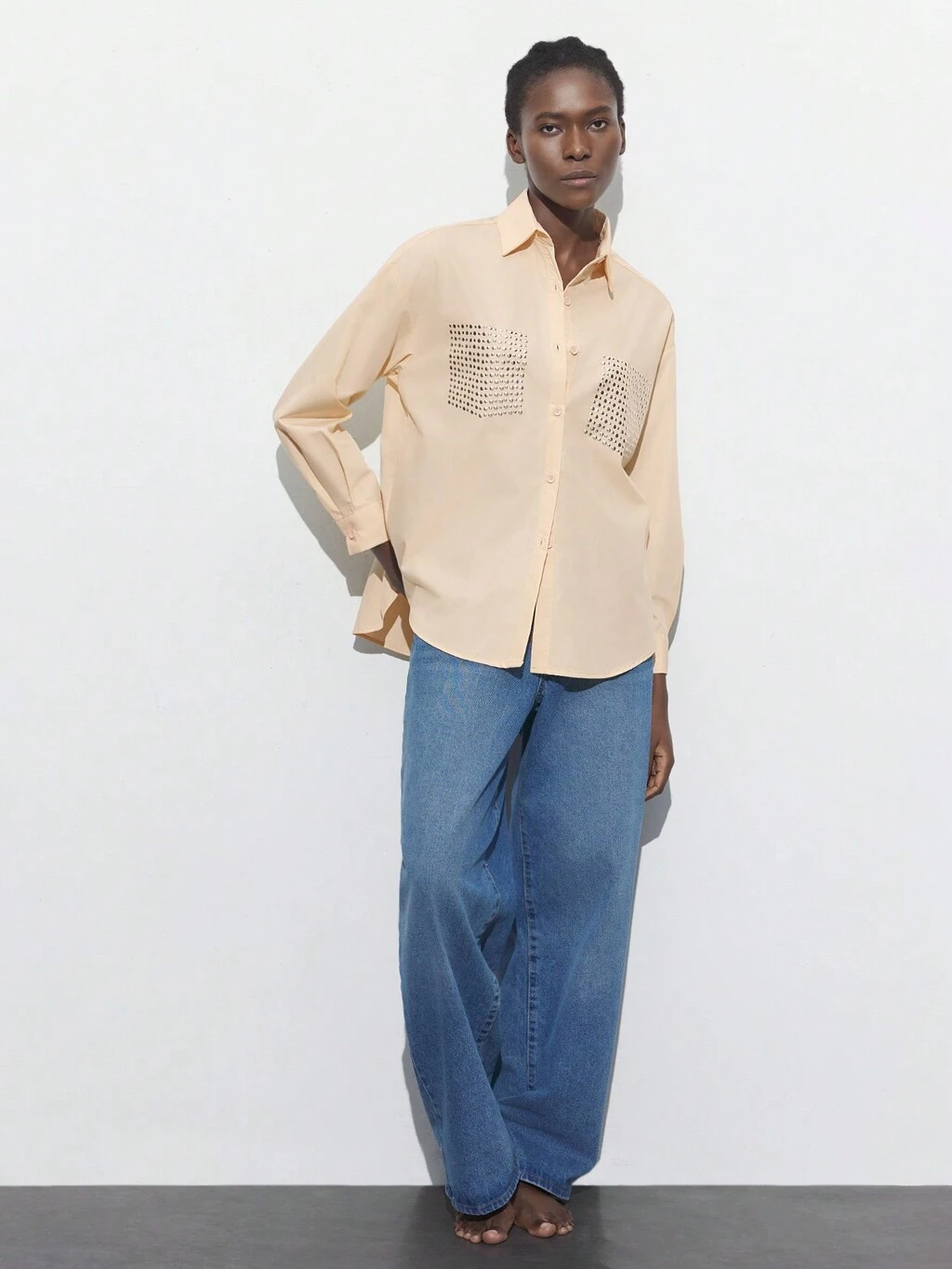 SHEIN Maija Blusa Casual e da Moda Feminina com Bolsos Decorativos de Pedras Brilhantes Cor de Damasco para a Primavera e o Verão