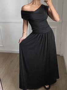DAZY 2pcs/Set Women Solid Color Cold Shoulder Short Sleeve T-Shirt & Skirt Set, Spring & Summer Vacation - Black - View 3