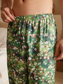 Manfinity ChillVibe Pantalones de estar por casa casuales con cintura elástica y estampado de toda la prenda para hombres