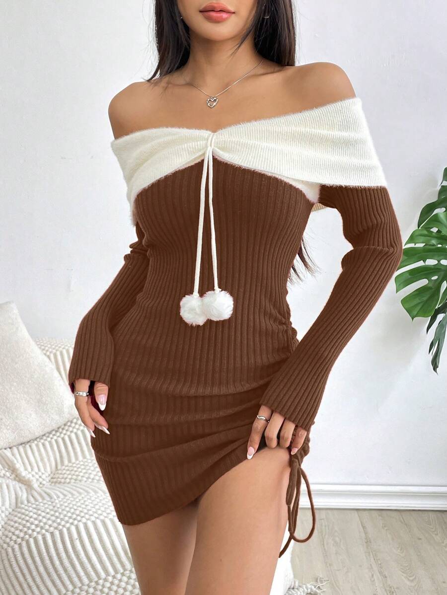 SHEIN Unity 女士露肩圣诞松紧腰短款性感修身毛衣连衣裙新年衣服 - 咖啡棕 - 查看 1