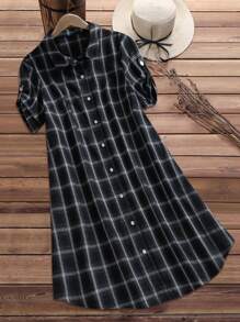 EMERY ROSE Vestido camisa de vacaciones de talla grande con estampado a cuadros, adecuado para el verano