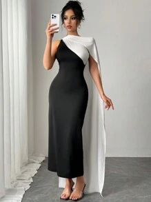 Firerie Women's Elegant Simple Exquisite Romantic Black & White Color Block Asymmetrical Neck Bodycon Dress, Suitable For Dates, Parties, Balls For Valentine's Day