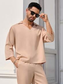 Manfinity VCAY 2pcs Men's Woven Slim Fit V-Neck 3/4 Sleeve Jacket Set, Suitable For Everyday Wear