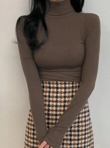 DAZY Women Solid Color Long Sleeve Turtleneck Tight Fitting Base Layer Top,Fall Clothes Preppy Tops - Brown - View 2
