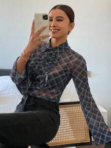 DAZY Casual Summer Plaid Mesh Long Sleeve Ruffled Collar Top For Women Sheer,Fall Clothes School - Black - View 1