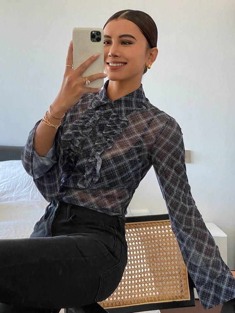 Casual Summer Plaid Mesh Long Sleeve Ruffled Collar Blouse For Women Sheer,Fall Clothes