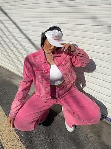 SHEIN EZwear Plus Size Denim Jacket, Long Sleeve, Cropped, Pink - Pink - View 1