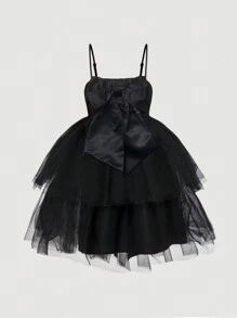 SHEIN MOD 黑色网眼蝴蝶缎面芭蕾舞裙吊带裙、夏季连衣裙、新年派对礼服、连衣裙、连衣裙、女士生日礼服、女士沙滩装、女士婚礼宾客礼服、情人节服装 - 黑色 - 查看 1